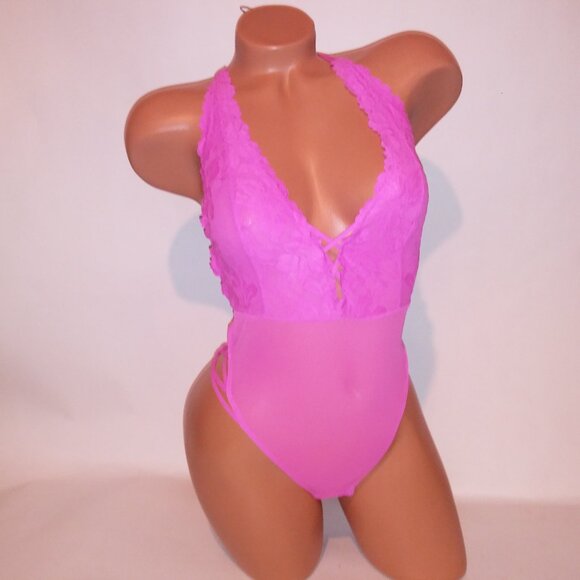 Auden Pink Lace Teddy Bodysuit XS Criss Cross Back NWT - Picture 4 of 12